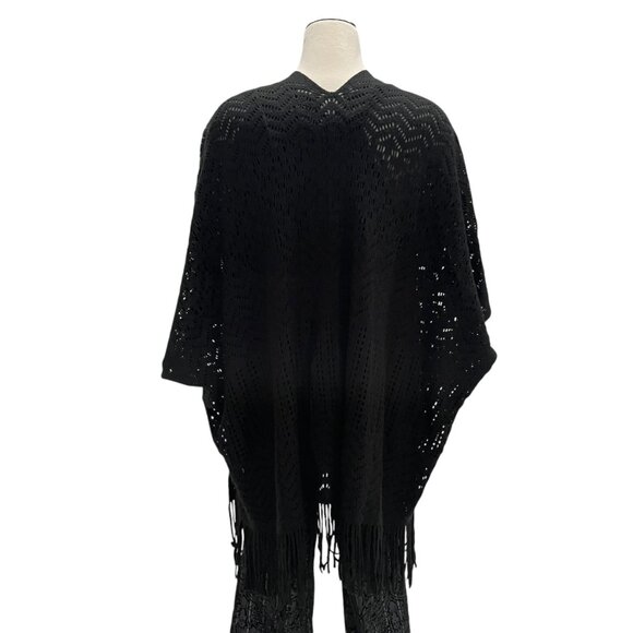 Bebe Blk Knit Poncho Fringe Boho Chic Open Front Lightweight Cover-Up Festival - Picture 4 of 9